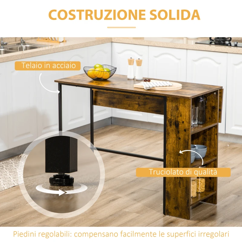 HOMCOM Bancone Bar Pieghevole Stile Industriale con Scaffale a 3 Ripiani, 120x76x91.4cm