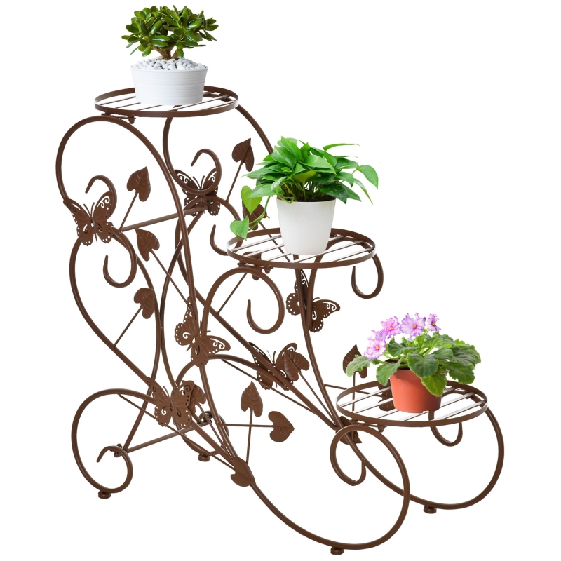 Outsunny Blumenständer, Pflanzenregal, Dreistufiger Blumenstand, Blumentreppe im französischem Stil, Pflanzenstand, Metall, Bronze, 76 x 27 x 67 cm
