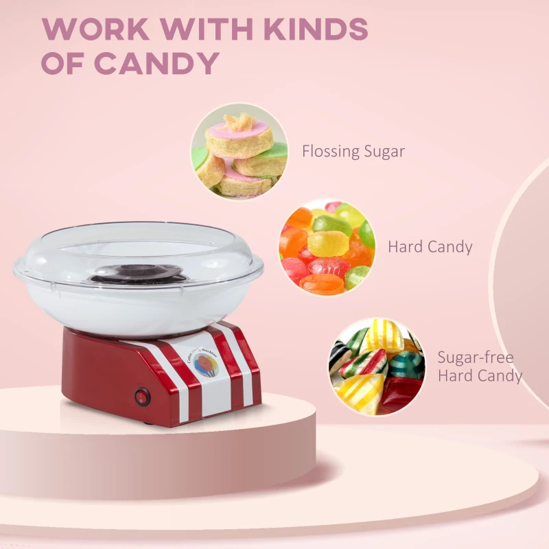 HOMCOM Candy Floss Machine for Kids & Adults, 550W  Retro Cotton Maker for Sugar or Candies,  Including 10 Candyfloss Sticks, Non-Slip Base, Red & White