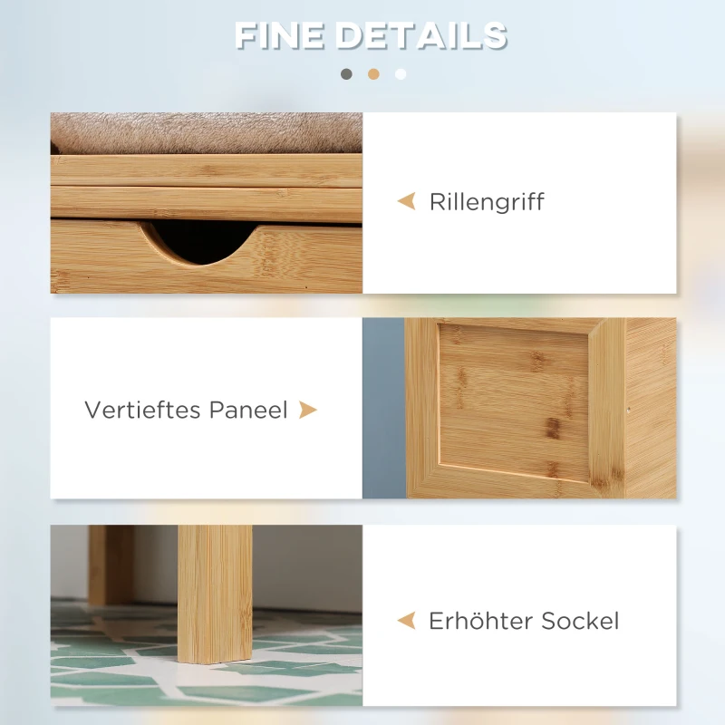 kleankin Badezimmerschrank, 3 Regale, 2 Schubladen, Bambus, 30 cm x 30 cm x 140 cm, Natur