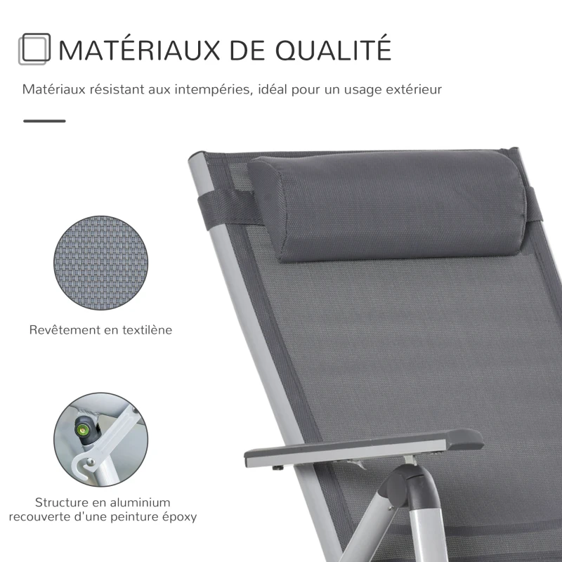 Outsunny Bain de soleil transat pliable dossier inclinable multi-positions têtière fournie alu. textilène gris