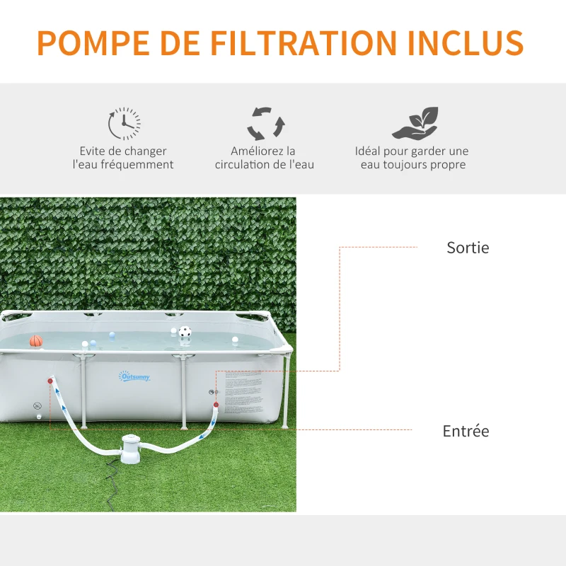 Outsunny Piscine Tubulaire Hors Sol rectangulaire Cadre en métal avec Filtre 252L x 152l x 65H cm Gris