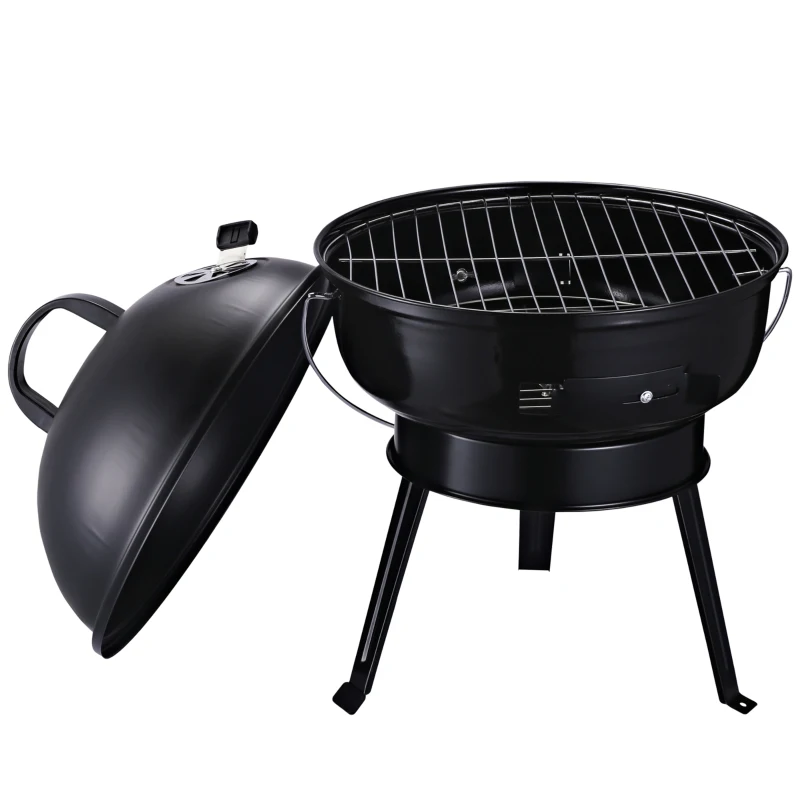 Outsunny Barbecue à charbon ronde portable barbecue de jardin résistant avec couvercle métal 36,5 x 36,5 x 54 cm noir