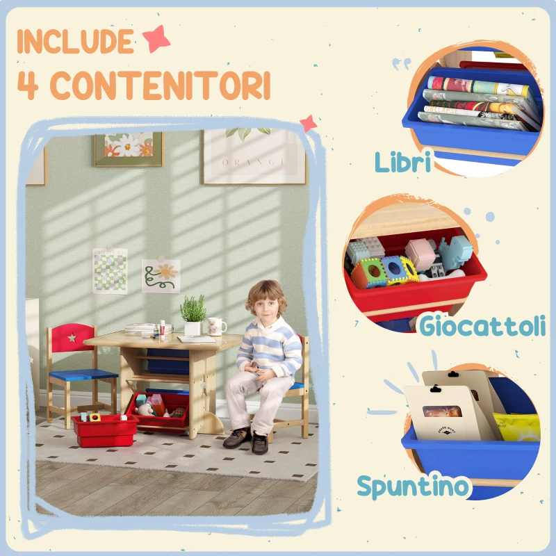 AIYAPLAY Set Tavolo e Sedie per Bambini 3-7 Anni con 2 Sedie e Tavolo con 4 Contenitori, in Legno e PP, color Legno