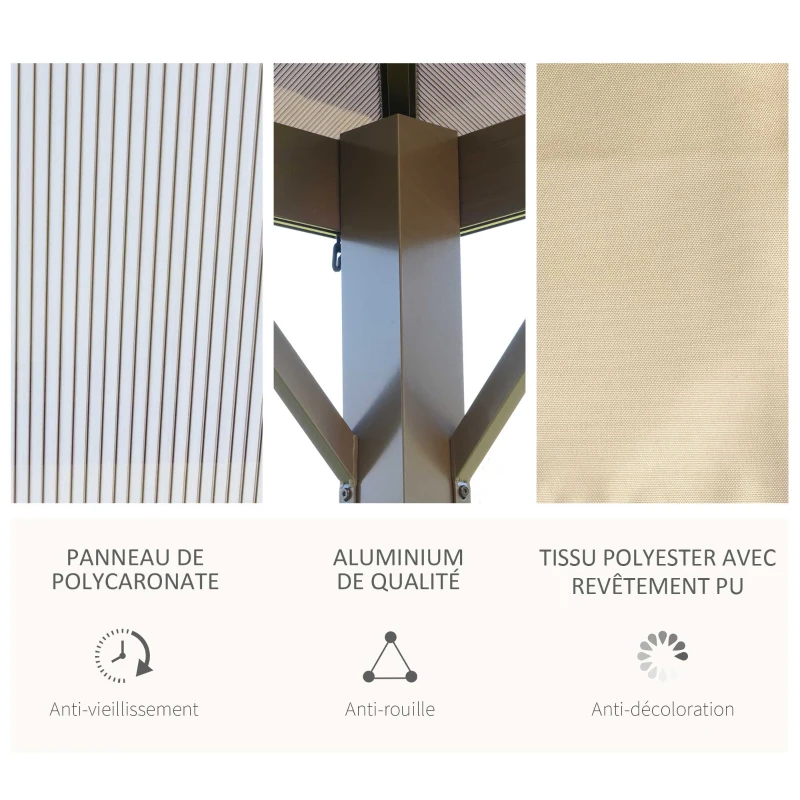 Outsunny Tonnelle pavillon de jardin avec toit rigide polycarbonate imperméable 4 parois latérales anti-UV moustiquaires 3 x 3 m marron et kaki