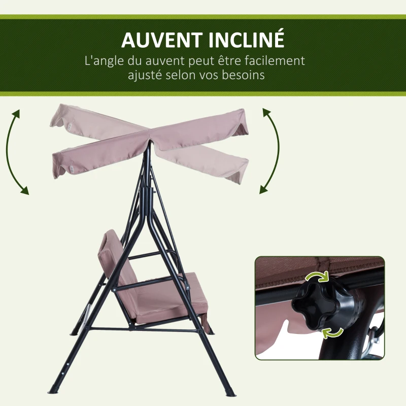 Outsunny Balancelle de Jardin 3 Places Toit Inclinaison réglable Coussins Assise et Dossier 1,72L x 1,1l x 1,52H m Acier Noir Polyester Marron Clair