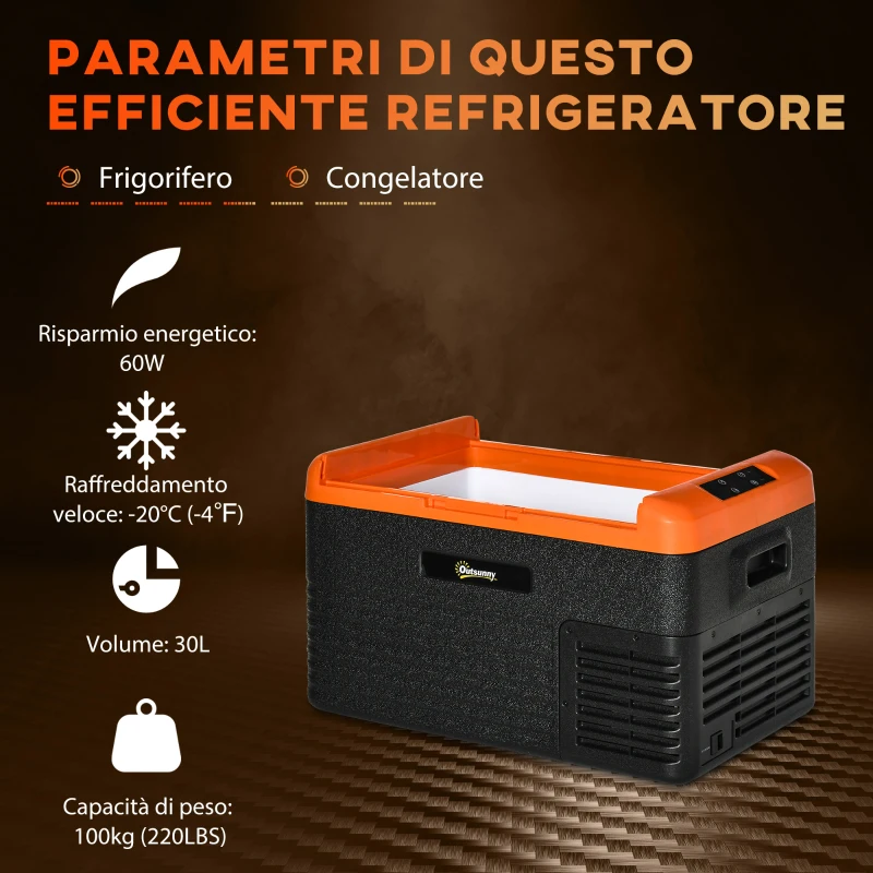 Outsunny Frigo Portatile da 30L, 100-240V CA e 12-24V CC, Display Digitale, Compressore e Maniglie Portatili Incluse, 58.7x36.5x36.8cm, Arancio e Nero