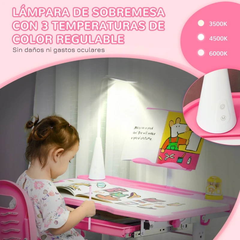 HOMCOM Escritorio y Silla para +6 Años con Altura Ajustable e Inclinable 80x49,5x82-104 cm y 35,5x43,5x63-73 cm Rosa