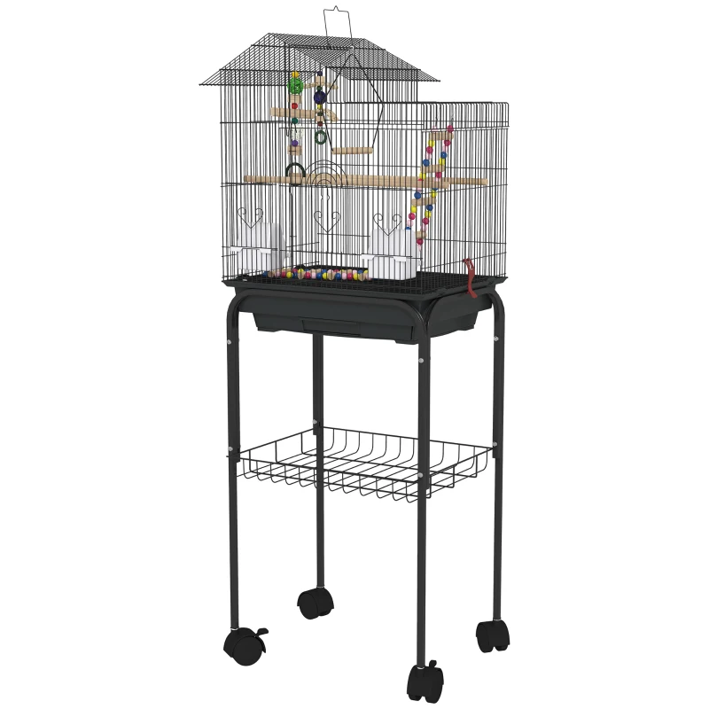 PawHut Pajarera con Ruedas Múltiples Puertas 2 Comederos 2 Perchas Columpio Escaleras y Bandeja Extraíble 46x36x120 cm Negro