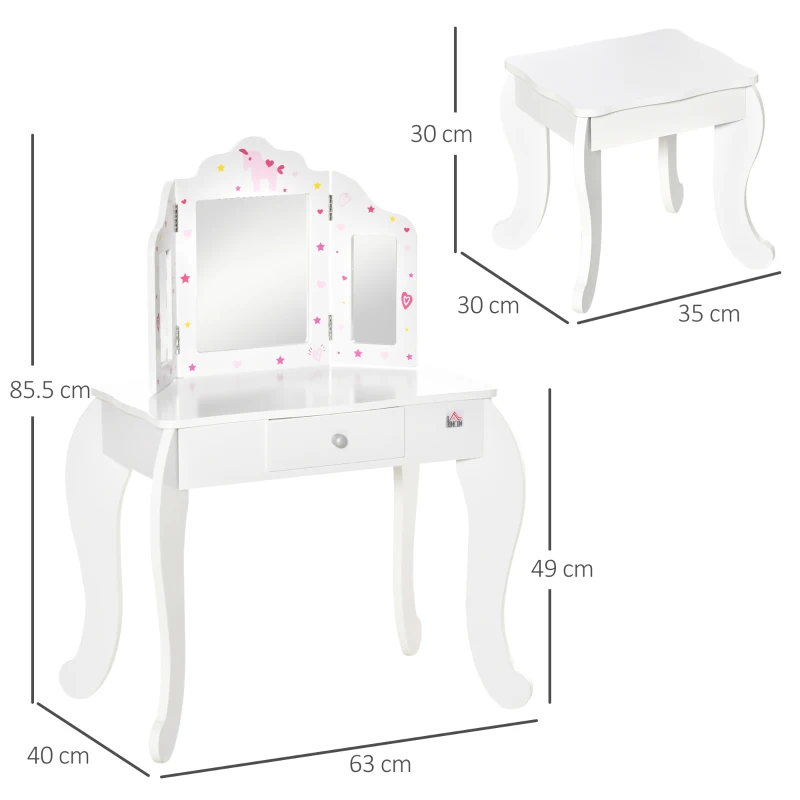 HOMCOM Kids Vanity Table and Chair Set with Tri-Folding Mirror and Stool, Makeup Dressing Table with Drawer, White
