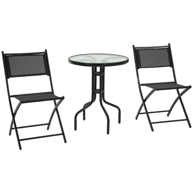 Outsunny Ensemble bistro de jardin 3 pièces 2 chaises pliables + table basse ronde verre trempé métal époxy toile en maille haute densité