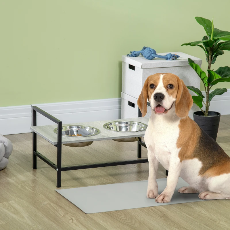 PawHut Comedero Elevado para Perros con Altura Ajustable 2 Cuencos Tapete y Alimentador Lento 60x33x10-31,5 cm Gris