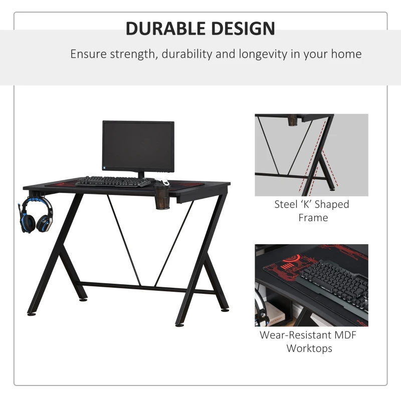 HOMCOM Gaming Desk 108 x 66 cm PC Computer Desk with Whole Board, A Shaped Gaming Table for Home Office with Cup Holder and Headphone Hook, Black