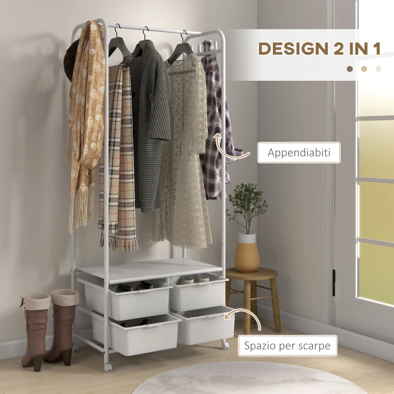 HOMCOM Stand Appendiabiti con Scarpiera a 4 Cesti e 8 Ganci, in Acciaio e Plastica, 63x37x153 cm, Bianco