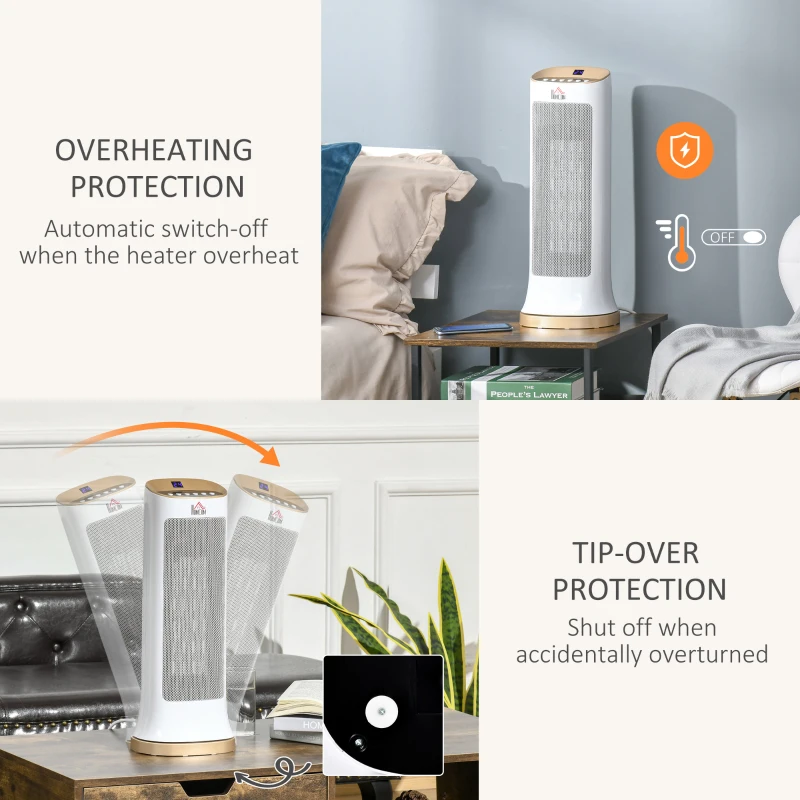 HOMCOM 2000W Electric Heater, PTC Ceramic Portable Fan Heater with Overheating & Tip-Over Protection, 45° Oscillating Energy Efficient Electric Heater for Home, Office, Study, Bedroom