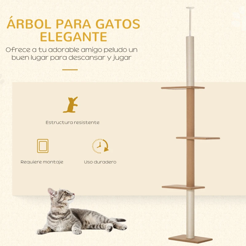 PawHut Árbol Rascador para Gatos de Suelo a Techo Torre para Gatos con Altura Ajustable 43x27x228-260 cm Marrón Claro y Beige