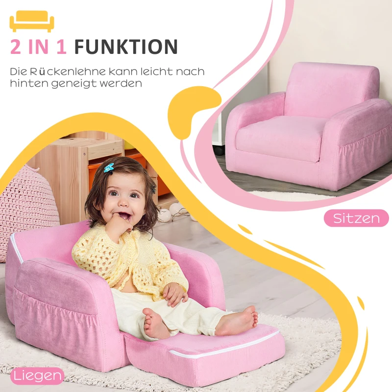 HOMCOM 2-in-1 Kindersessel, Minisessel, Kindersofa für 3-4 Jahre alt, Liegefunktion, Rosa, 47 x 45 x 38 cm