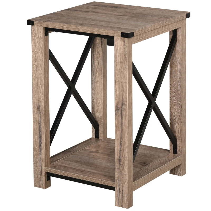 HOMCOM Mesa Auxiliar Mesa de Café Estilo Retro Industrial con Estante Inferior de Almacenaje Multifuncional Marco de Forma X 40,5x40,5x60 cm Roble