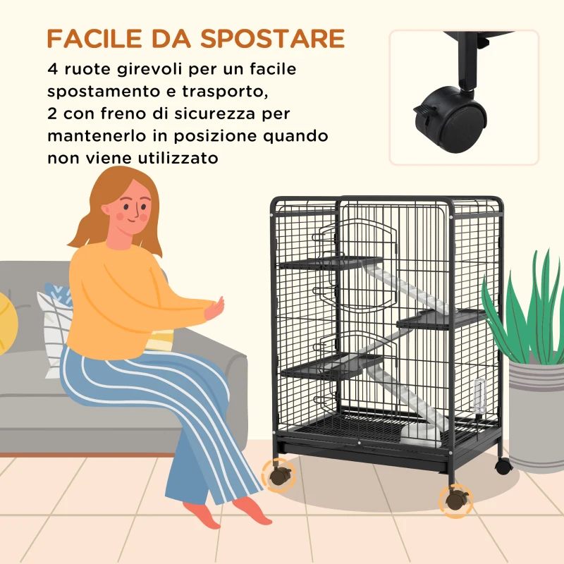 PawHut Gabbia per Piccoli Animali e Piccoli Roditori con Ruote, Gabbietta per Conigli e Cincillà con 3 Rampe e 3 Piattaforme, Ciotola e Bottiglia, 61.5x44x95 cm, Nero