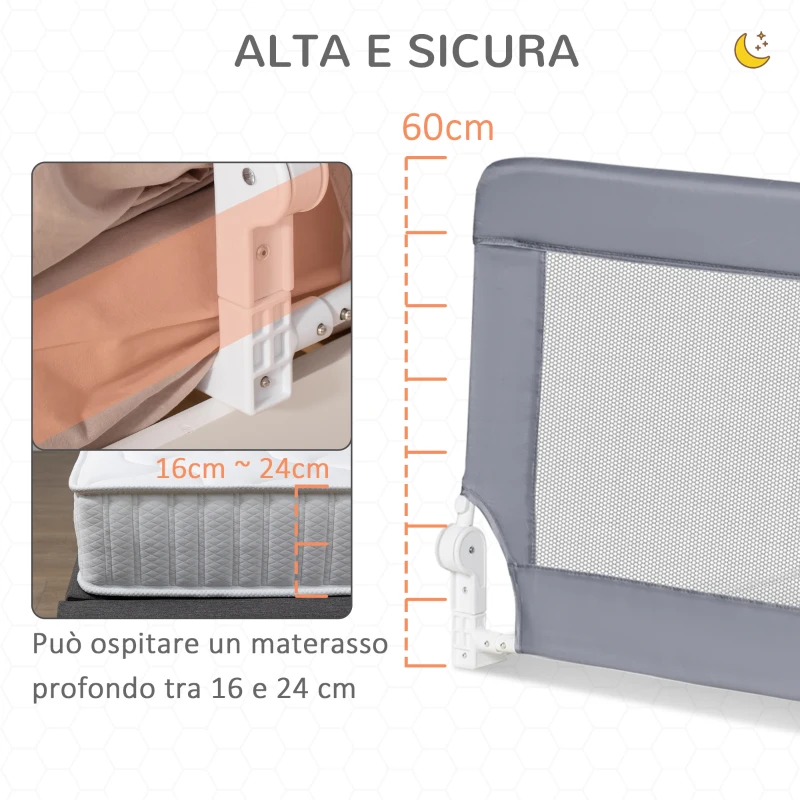 HOMCOM Sponda Letto per Bambini da 18 Mesi, Barriera di Sicurezza Universale Anticaduta con Tessuto a Rete, 150x40x60cm, Grigio