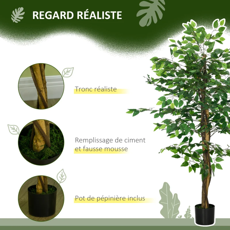 HOMCOM Plante artificielle ficus hauteur 1,50 m tronc branches liane lichen feuilles grand réalisme pot inclus vert
