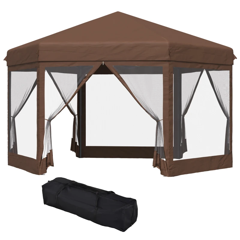 Outsunny 3.5m x 4m Hexagonal Pop Up Gazebo, Canopy Tent Sun Shelter for Patio Outdoor Party, Height Adjustable, with Mosquito Netting and Carry Bag - Brown