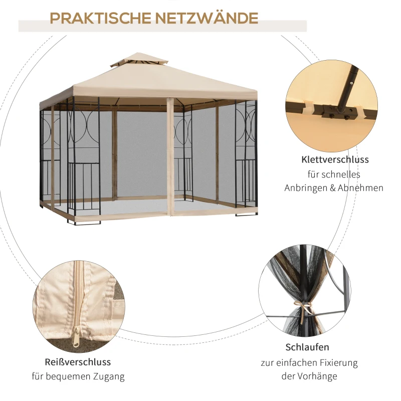 Outsunny Gartenpavillon Pavillon Festzelt Partyzelt wetterfest Zelt mit 4 Ablagen Metall + Polyester Beige 2,98 x 2,98 m