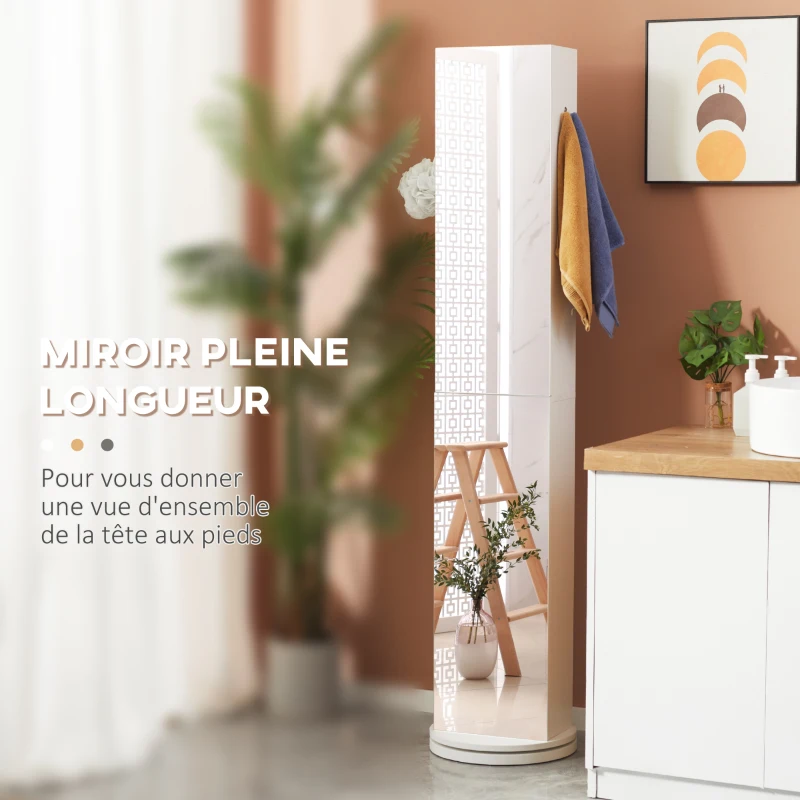 kleankin Meuble colonne de salle de bain pivotant avec miroir 6 étagères 36 x 36 x 171 cm blanc