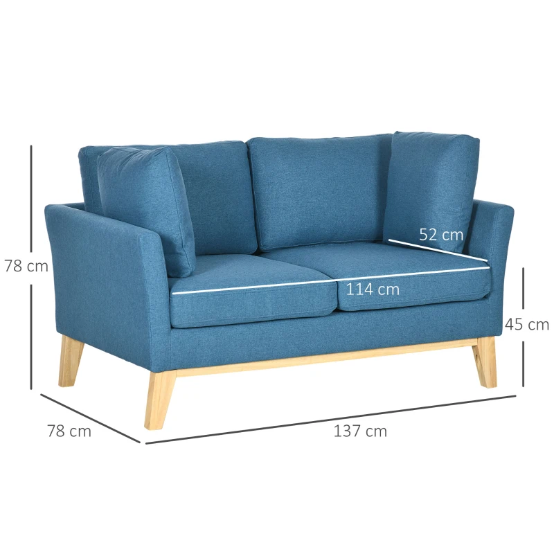 HOMCOM 2-Sitzer-Sofa Doppelsofa Couch, 2 Kissen, 137 cm x 78 cm x 78 cm, Blau + Natur