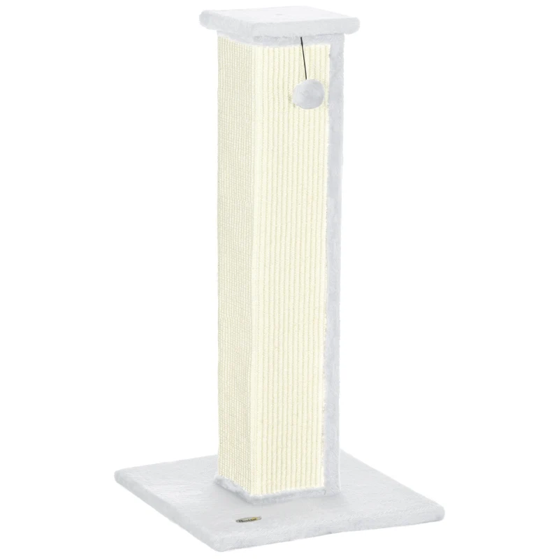 PawHut 81cm Cat Scratcher, Vertical Full Scratcher w/ Natural Sisal Rope, Hanging Ball, Soft Plush - White