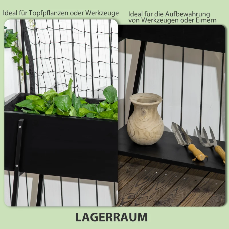 Outsunny Hochbeet mit Rankhilfe, inkl. 1 Ablage, Massivholz, 89 cm x 34 cm x 168 cm, Schwarz
