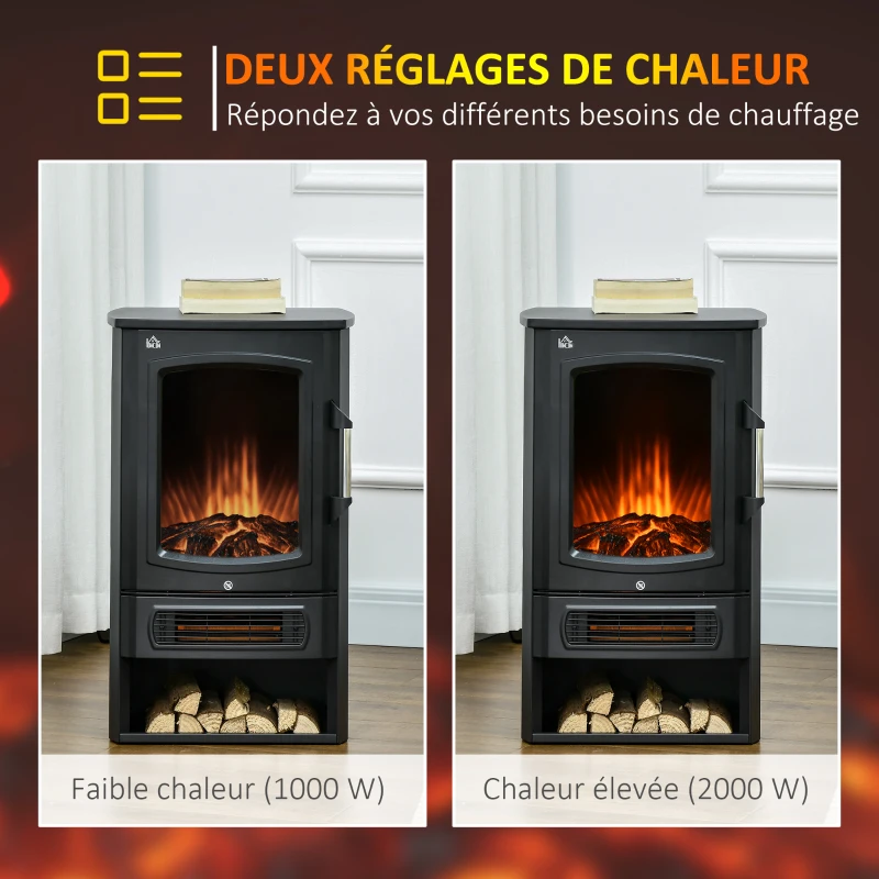 HOMCOM Cheminée électrique foyer électrique poêle 1000 W ou 2000W simulation flammes LED avec thermostat - 44,5 x 32 x 74 cm noir