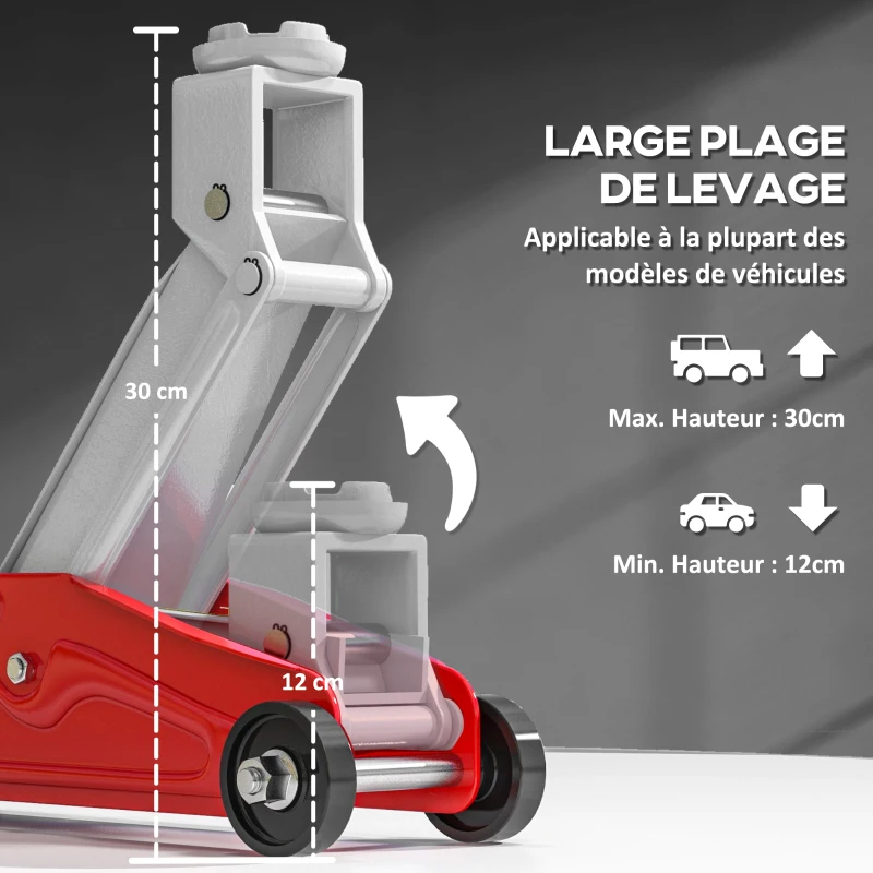 HOMCOM Cric hydraulique à profil bas en acier robuste, Charge maximale de 2000 kg, capacité de levage de 12 à 30 cm, rouge