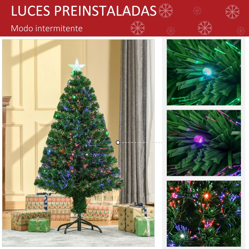 HOMCOM Árbol de Navidad de Fibra Óptica 120 cm Decoración Navideña con 16 LED de 3 Colores 130 Ramas Ø60x120 cm Verde
