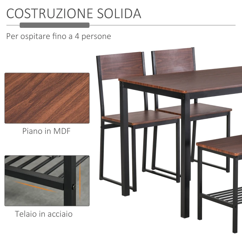 HOMCOM Set Tavolo da Pranzo con 2 Sedie Stile Industriale e Panca 2 Posti in Legno e Metallo per Soggiorno e Cucina Nero e Marrone