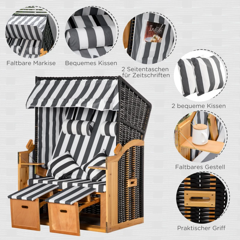 Outsunny Strandkorb mit Fußstützen, Klapptisch und Nackenrollen, Outdoormöbel, Natur + Grau + Weiß