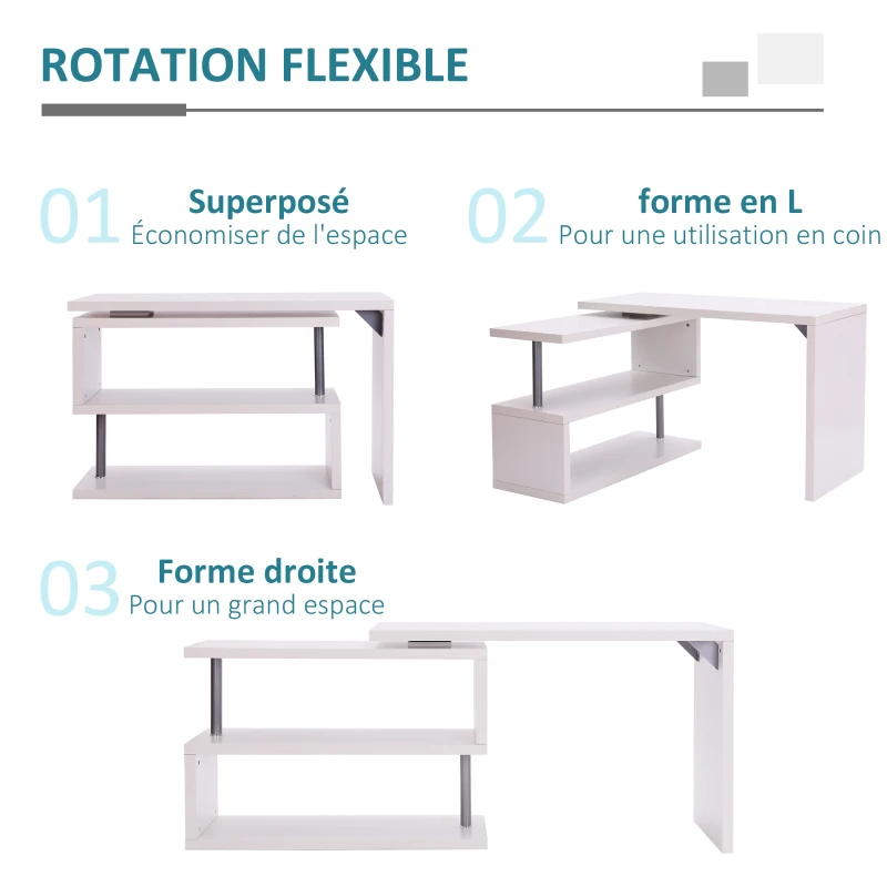 HOMCOM Bureau informatique table informatique table de salle à manger modulable avec bibliothèque adjacente design contemporain mélaminé métal chromé blanc(m-4)