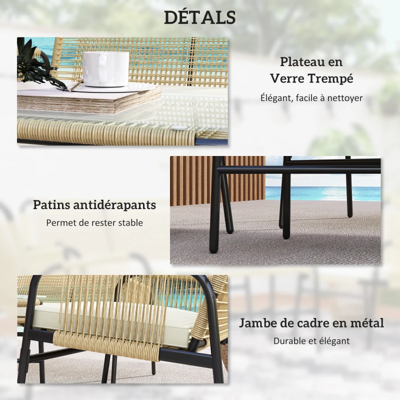 Outsunny Ensemble salon de jardin 4 pièces canapé 2 places 2 fauteuils 1 table basse avec coussins