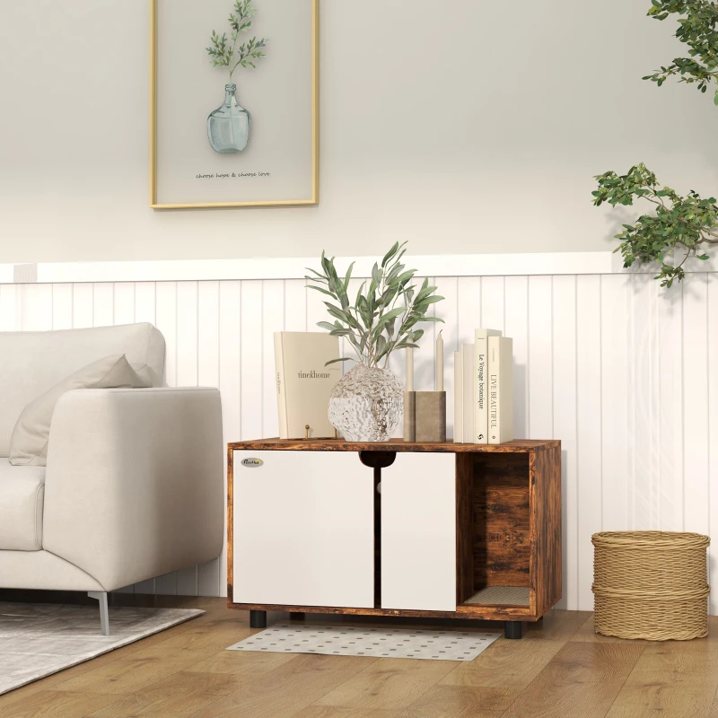 PawHut Hidden Cat Litter Box Furniture, with Sand Drain Pad - Rustic Brown