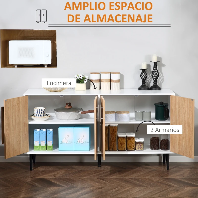 HOMCOM Aparador de Cocina con 4 Puertas Estantes Ajustables y Patas Metálicas Mueble Auxiliar Moderno para Salón Comedor 147,2x40,5x76,2 cm Natural y Blanco