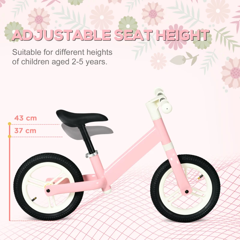 AIYAPLAY 12" Balance Bike, No Pedal Training Bike for Children with Adjustable Seat, 360° Rotation Handlebars - Pink