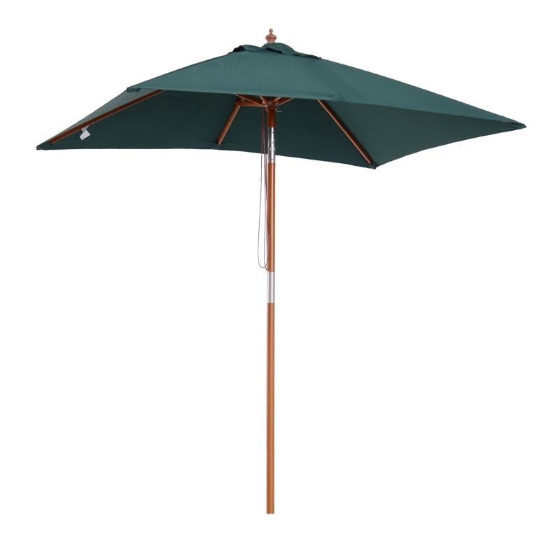 Outsunny Ombrellone da Giardino 2x1.5 m Inclinabile a 6 Stecche con Palo in Legno e Apertura a Corda, Verde
