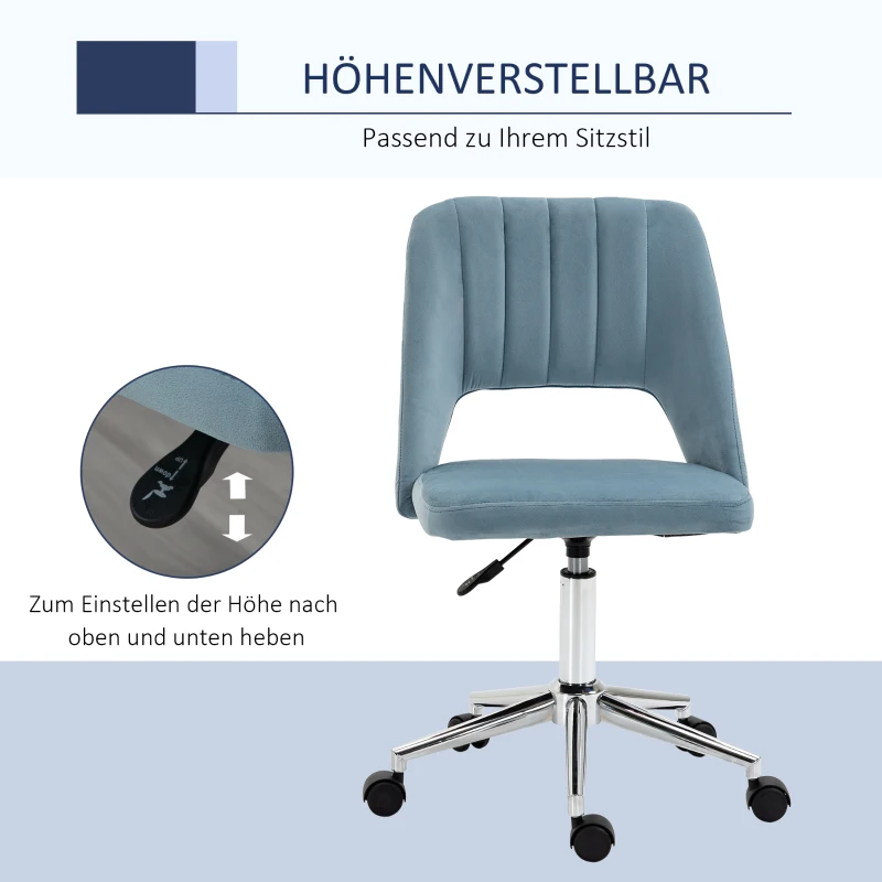 Vinsetto Schreibtischstuhl, Höhenverstellbar Homeoffice Stuhl ohne Armlehne, drehbar Bürostuhl mit Samtoptik, Ergonomisch Schminkstuhl für Schlafzimmer, Arbeitszimmer, Blau
