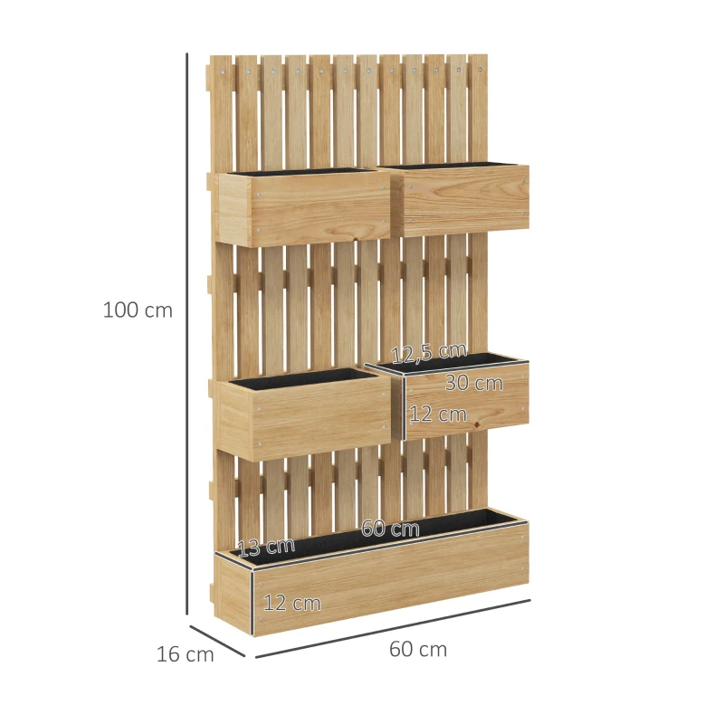 Outsunny Jardinière murale potager avec 5 bacs treillis en bois massif amovibles 60 x 16 x 100 cm(m-3)