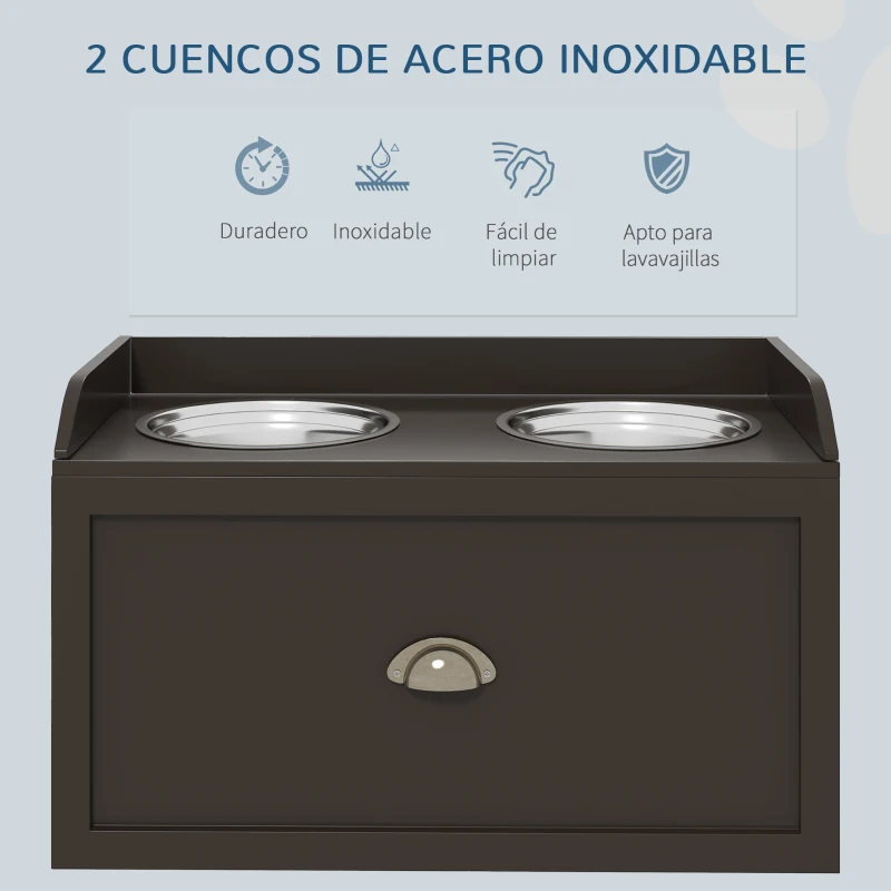 PawHut Comedero Elevado para Perros Grandes con 2 Cuencos de 2000 ml de Acero Inoxidable y 1 Cajón 63x30x36 cm Marrón