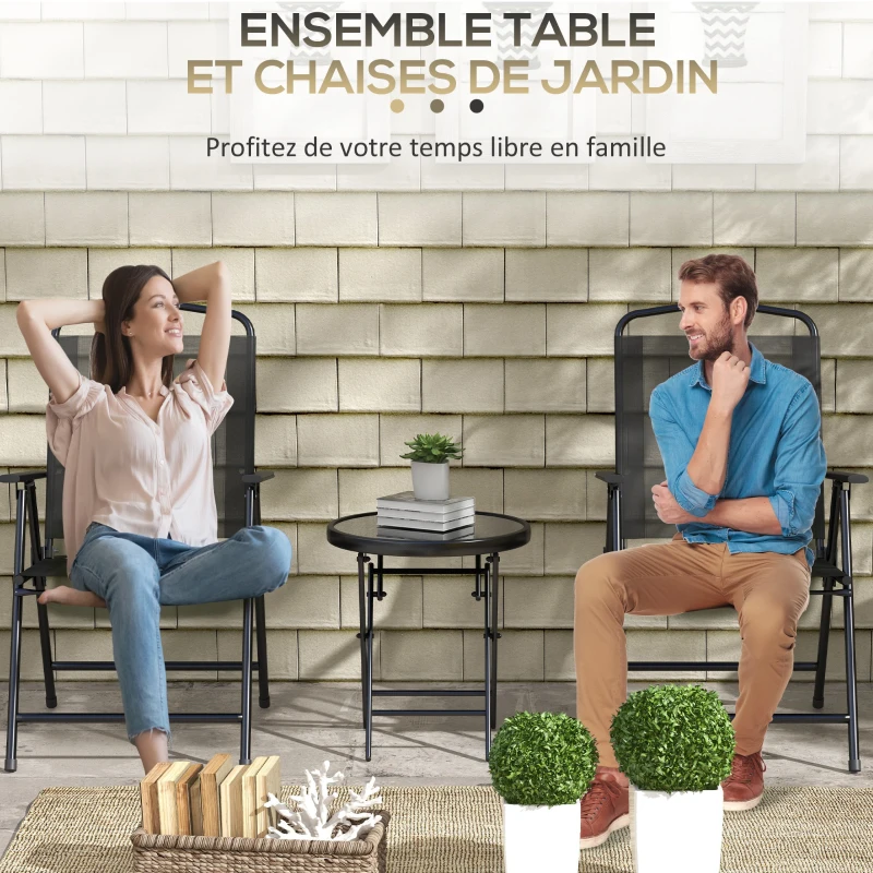 Outsunny Ensemble bistro de jardin 3 pièces 2 chaises + table basse ronde verre trempé pliable métal époxy toile en maille