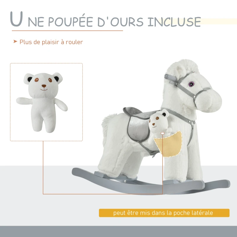 HOMCOM Cheval à bascule bébé de 18 à 36 mois en bois avec effet sonore ours en peluche gratuit 65 x 26 x 55 cm blanc