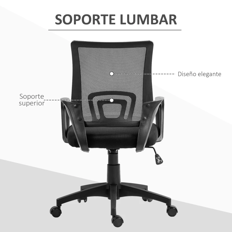 HOMCOM Silla de Escritorio de Malla Giratoria con Altura Ajustable Función de Basculante y Reposabrazos Carga 120 kg Negro