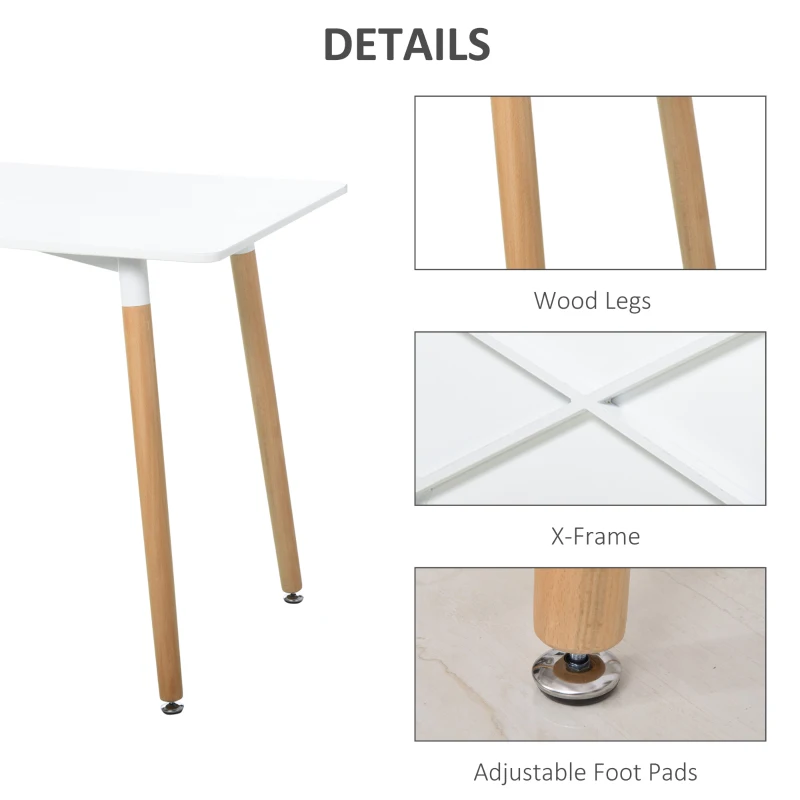 HOMCOM Scandinavian Style Dining Table w/ Wood Legs Adjustable Feet Elegant Home Office Dining Clean Stylish White