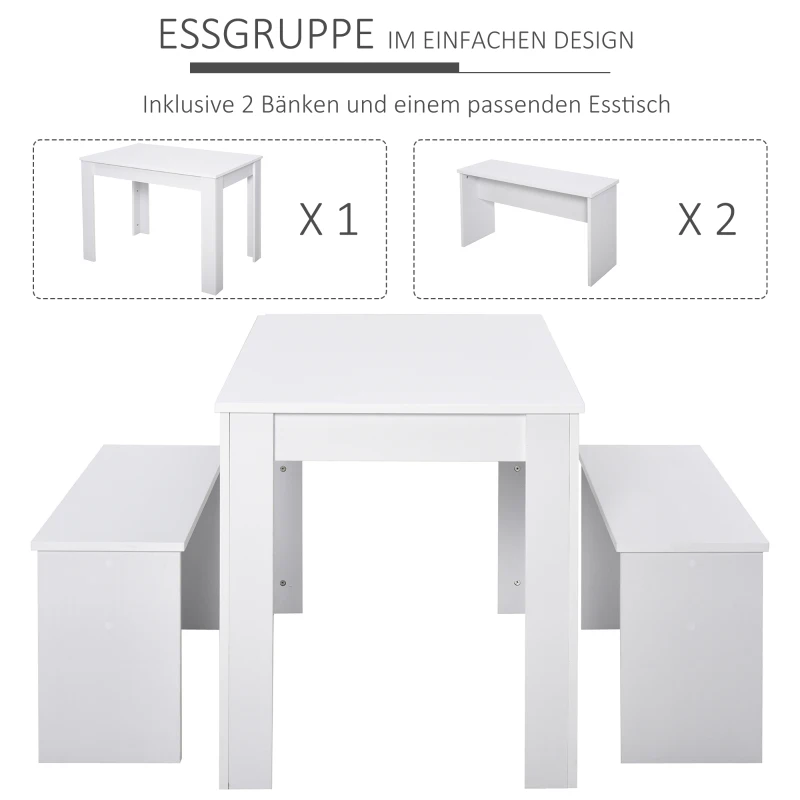 HOMCOM Essgruppe mit 2 Bänken, 3-teilige Esszimmergruppe, Küchentisch, Esszimmergarnitur Sitzgruppe Tischgruppe, Weiß, 110x70x75 cm (Tisch), 86x30x44,8 cm (Bank)